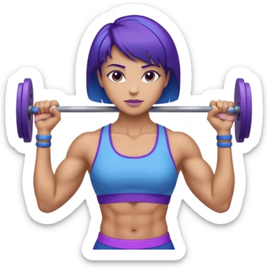 weight lift woman short blue purple har muscles bar is not growing from head sticker