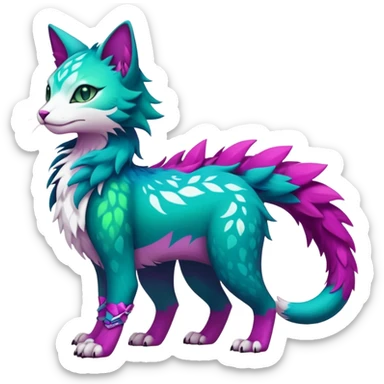 Kawaii cute colorful iridescent deep-dark-turquoise-green and magenta and white beautiful pretty elegant divine edgy feline-vernid-sergal-Fakémon-Pokémon-fursona-animal-creature with accessories, full body, with intricate detailed markings sticker