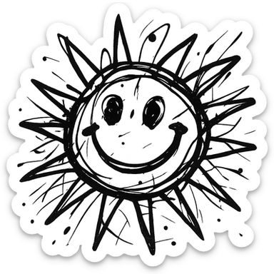chaotic hand-drawn black outline icon of a smiling sun with uneven rays and sketchy lines sticker