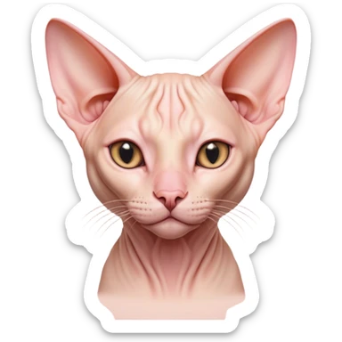 Cinematic Noble Sphynx Cat Portrait Emoji, Poised and regal, with smooth, hairless skin in warm peach and soft pink tones, striking large ears and intense almond-shaped eyes, Simplified yet sharp and sophisticated features, highly detailed, glowing with a soft, dignified glow, high shine, intelligent and graceful, stylized with an air of elegance, focused and attentive, soft glowing outline, capturing the essence of a watchful and refined feline, so majestic it feels as though it could glide across the screen with effortless confidence! sticker
