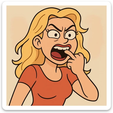 a blonde woman biting her finger boldly, cartoon style, exaggerated expression sticker
