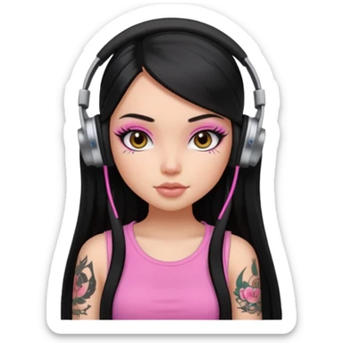 generate a pretty bratz girl with black long straight hair and headphones on, tattoo on shoulder, eyeliner on sticker