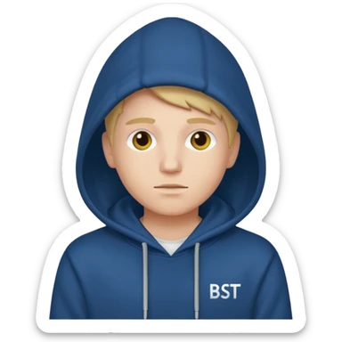 make an image of white person wearing hoodie with "BST" letters on it sticker