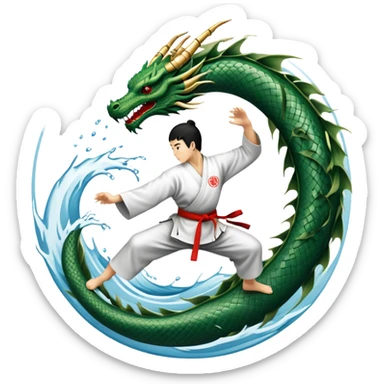 An icon symbolizing Eastern martial arts in the style of an emblem, featuring a black-and-white Yin-Yang symbol and a dragon at the center. A martial artist is performing a fluid kick, surrounded by elements like a dojo and bamboo. Transparent background highlights balance and power. sticker