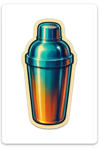 A cocktail shaker in retro stickers style, with a vintage design and metallic texture sticker