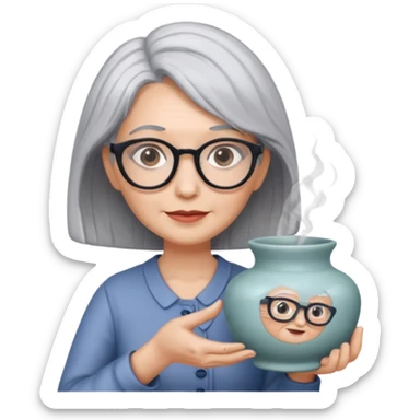 Woman with grey hair with ceramics sticker