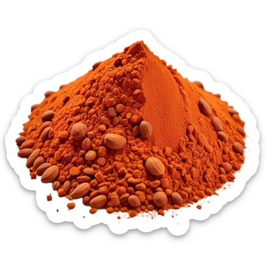 small scatter or mound of vibrant red-orange spice powder with slightly coarse flaky texture and matte finish, warm earthy color suggesting sun-dried peppers ground into fragrant flavorful dust, no bowl spoon or garnish, soft lighting, subtle shadows, emoji scale sticker