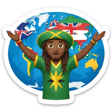Rasta man with arms wide open 🙌🏾🔥 standing in front of world map 🌍🎶 with every flag 🇯🇲🇺🇸🇬🇧🇫🇷🇮🇳🇧🇷🇳🇬 saying ONE LOVE 💛💚❤️ to di world 🌐🦁 sticker