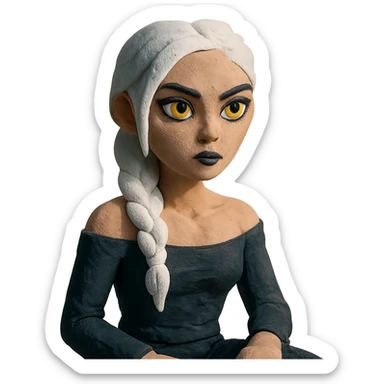closeup portrait of young woman with gold yellow eyes, white hair in a long braid, black off-shoulder top, punk gothic style, futuristic cyberwave, sitting position sticker