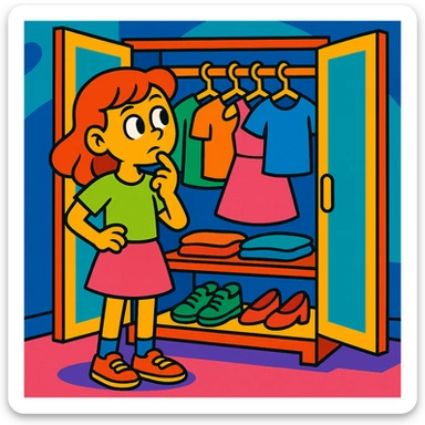 girl in front of open closet, pondering outfit, colorful, cartoon style, vibrant toon style, playful sticker