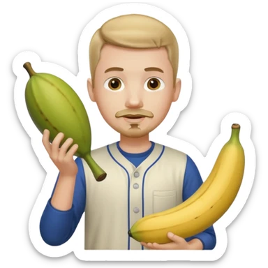 pale guy with short hair with goatee holding platano and baseball  sticker