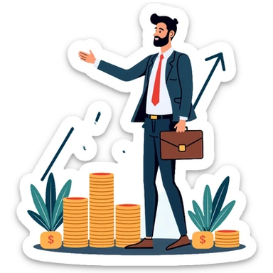 Finance expert businessman with briefcase, stock market chart, and money sticker