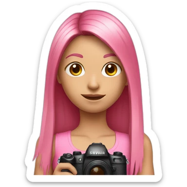 girl with long, straight rose hair and fringe and holding camera and wearing pink tank top sticker