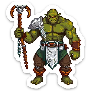 orc male Belt of defeated "Pesky Sand Crab" claws, flexing with a net full of loot. sticker