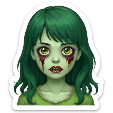 Zombie Green girl with long wavy black hair and bangs. sticker