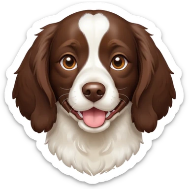 Cinematic Cute Springer Spaniel Portrait Emoji, Head tilted playfully and inquisitively, featuring a vibrant Fur of liver and white with a natural sheen, round, sparkling brown eyes filled with curiosity, Simplified yet irresistibly adorable features, highly detailed, glowing with a warm, friendly glow, high shine, affectionate and lively, stylized with a touch of whimsy, bright and endearing, soft glowing outline, capturing the essence of a mischievous yet loving pup, so playful it feels like it could frolic out of the screen and into your arms! sticker