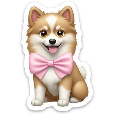 Tan and white pomsky dog with a light pink bow sticker