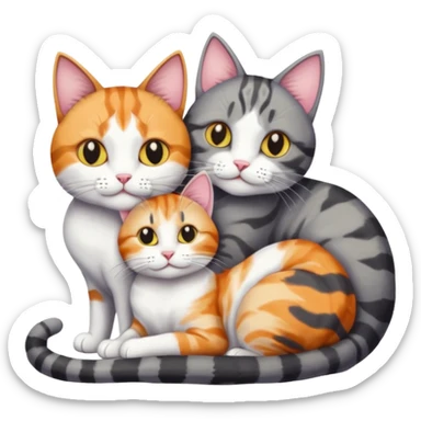 two cats in love, a colourful light patched calico + white tabby cat cuddling a bigger cat that is dark grey and white tabby cat sticker