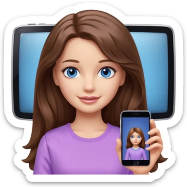 beautiful barbie girl with long brown hair, blue eyes and wearing light purple clothes watching stranger things on tv sticker