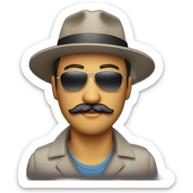 man with mustache and goatee with sunglasses and hat sticker