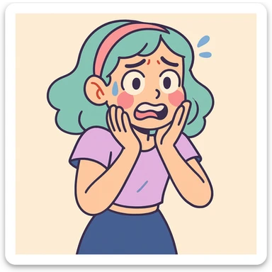 a stylish girl with anxious expressions, pastel cartoon style, soft colors, cute and expressive sticker