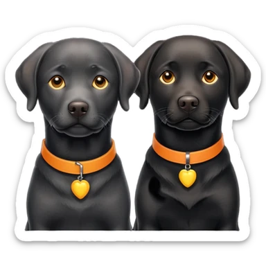 2 black labrador, adult, one has a yellow and the other an orange collar sticker