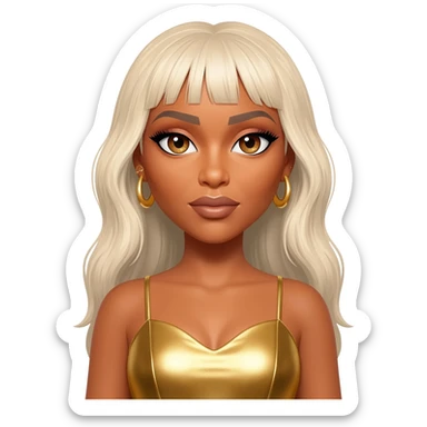 Beyonce with hazel eyes, long platinum blonde hair, gold metallic dress, gold earrings sticker
