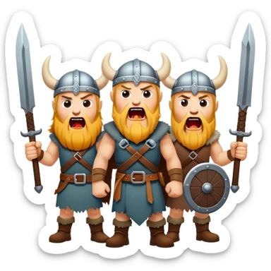 three different Vikings scream, weapons in their hands, realistic sticker
