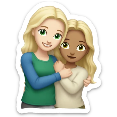 two white sisters hugging oane blonde with blue eyes and the other one with brown hair and green eyes  sticker
