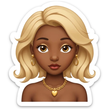 darkskin female with eyebrows that are naturally shaped and frame eyes well, eyes that are almond-shaped with defined lashes. nd lips are full with a defined cupid’s bow, add also a septum piercing that adds an edgy, stylish flair. a middle-part, honey blonde bust-down with laid baby hairs sticker