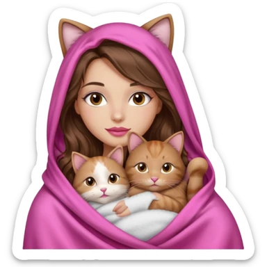 girl with long wavy brown hair, brown eyes, long lashes makeup, sexy pink lips, light to medium complexion, wearing a pink sexy silk top, big blanket over the head cozy holding a cat sticker
