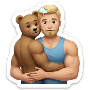 Blonde guy with  faded size and long on top muscular hair with a beard in a tank top muscular hugging a bear sticker