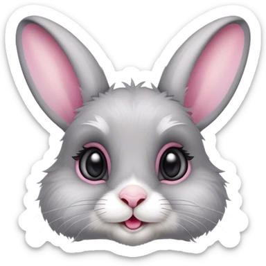 "A lively and expressive young rabbit with soft, fluffy fur in shades of gray and white. He has large, bright eyes full of mischief and curiosity, long ears that perk up attentively, and a small pink nose sticker