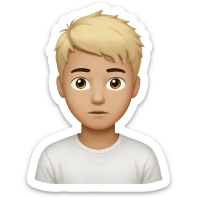 Short buzz, messy blonde hair. Dark brown bushy eyebrows large expressive golden-brown eyes, wearing a plain white t-shirt. Male Teenager. light Dark Brown skin color.  sticker