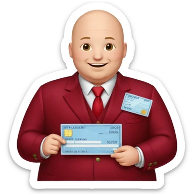 fat guy bold head in dark red velvet suit holding cheque sticker