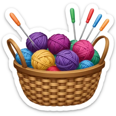 A woven basket filled with colorful yarn balls and knitting needles. sticker