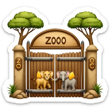 rustic wooden zoo gate with 'zoo' sign, surrounded by an elephant, lion, kangaroo, and monkey, traditional emoji style, not AI art sticker