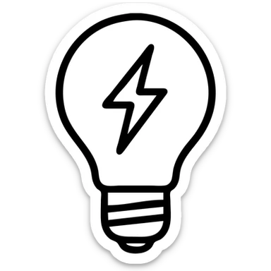 minimalist vector icon of a classic incandescent lightbulb with rounded glass bulb and screw-in base, with a sharp angular lightning bolt replacing the filament inside the bulb, clean modern vector art, single dark gray color, no gradients or shadows, bold clear lines, balanced proportions, unified design sticker