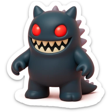 scary monster with sharp teeth, glowing red eyes, spiky body, dark color palette, toy-like vinyl figure style sticker