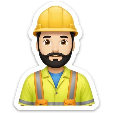 Man in yellow hi vis overalls, with black hair and full beard sticker