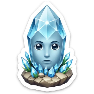 A single crystal rock inspired by a clear quartz cluster, amorph base with many tall transparent crystal spikes growing upward all around it with a face sticker
