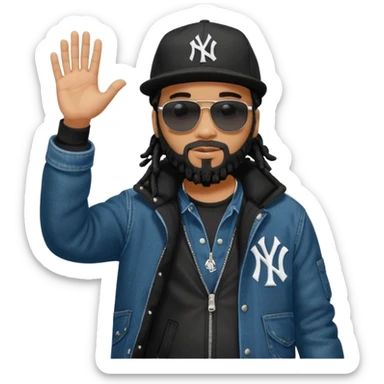 African American man with shoulder length black dreadlocks with black beard wearing black sunglasses wearing a black bubble winter coat wearing a black New York Yankees logo baseball cap wearing denim skinny jeans and timberland boots with waving someone bye sticker