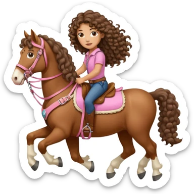 Realistic mixed race girl with long curly hair, riding a big draft horse (full body), wearing pink harness and saddle  sticker