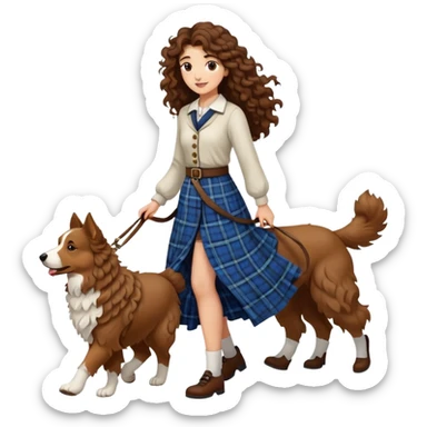 A girl with long curly hair walking a Scottish shepherd dog sticker
