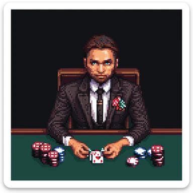 mafia guy sitting at a poker table with cards and chips, pixel art style sticker
