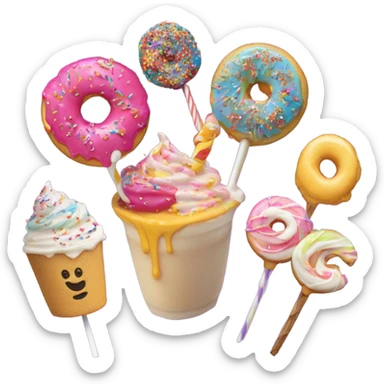 a birthday shake topped with a sprinkle donut hole, sprinkle sugar cookie, and swirl lollipop sticker