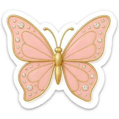 single rose pink butterfly, pastel pink enamel, sparkling gems, transparent background sticker