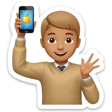 happy child dancing with a phone, one arm up, apple style emoji sticker