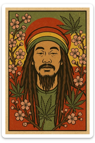 Vintage poster of an Asian Rasta with long dreadlocks, peaceful eyes, and a red-gold-green tam. Surrounded by cherry blossoms and ganja leaves. Background blends Rasta colors into an Asian flag (e.g., red sun from Japan or Chinese star). Retro reggae fusion vibe, with bold lines and aged paper texture.
 sticker
