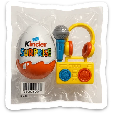 Kinder Surprise egg with standard wrapper next to toys: microphone, boombox, headphones, glossy vacuum-sealed style sticker
